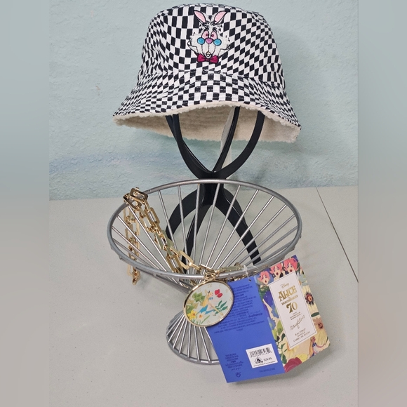 Alice In Wonderland Bucket Hat, And  70th Anniversary Bag Strap Charm. NWT - Picture 8 of 8